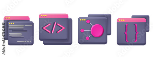 3D code icon set, business python abstract api, vector technology computer design, programming frame. Java web development html concept, UI program interface window. 3D code graphic website clipart