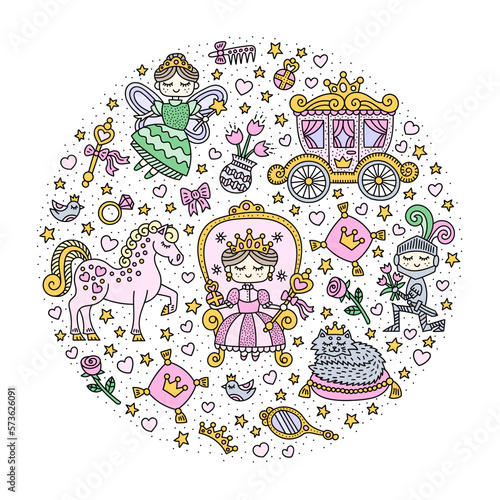 Set of fairy tale elements in circle. Princess, fairy, horse, carriage. Isolated elements. Cartoon vector illustration.