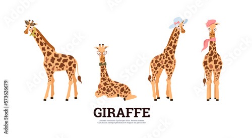 Funny african giraffes in head accessories, flat vector illustration isolated.
