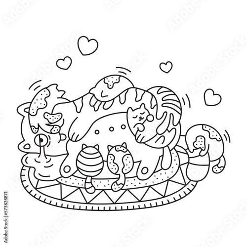 Mother cat with little kittens. Parent animal with children. Home pet. Funny coloring page for kids. Cartoon vector illustration. Isolated on white. Black lines. Hand drawn style. Outlined drawing