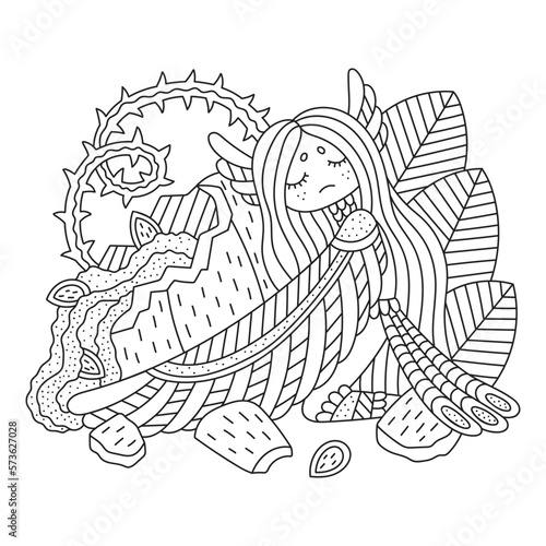 Little harpy girl with smashed pumpkin. Autumn bird creature with wings. Cute coloring page for kids. Cartoon vector illustration. Outlined drawing. Hand drawn artwork. Isolated. Black and white