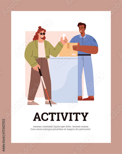Activity and inclusiveness of visually impaired people flat vector illustration.