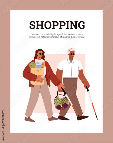 Blind or visually impaired people shopping and activity banner, flat vector.
