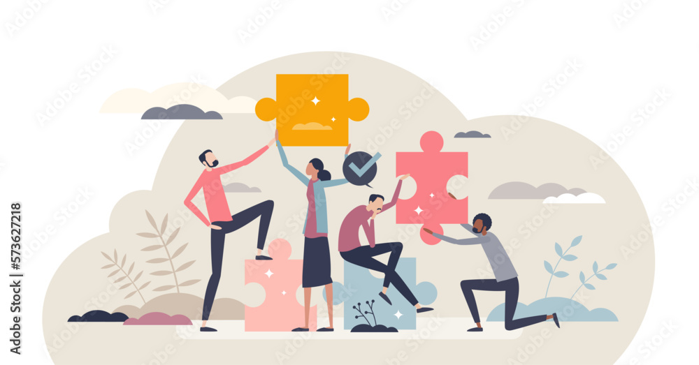 Partnership and teamwork work as collaboration process tiny person concept, transparent background. Business employees group working together as unity for successful.