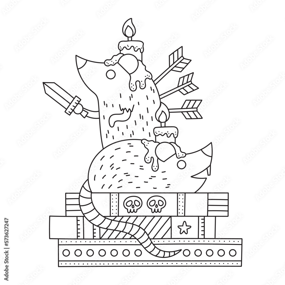 Fototapeta premium Two little rats with candle on the head. Guardians of the library. Funny cute animals. Fairy tale coloring page. Cartoon vector illustration for kids. Black and white colors. Outlined drawing
