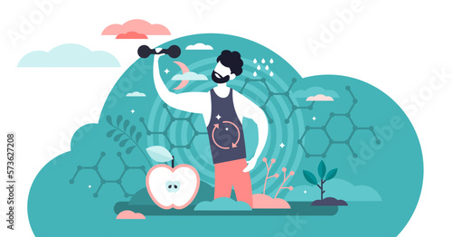 Male metabolism illustration, transparent background. Food to energy process flat tiny persons concept. Nutrition chemical reactions in organism synthesis.