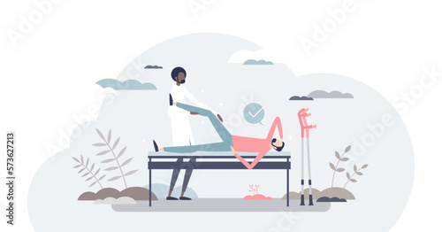Orthopedic doctor as bone trauma physical rehabilitation tiny person concept, transparent background. Professional occupation with patients in hospital illustration.