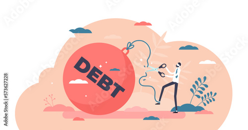 Reducing debt relief after cut financial commitments flat tiny person concept, transparent background. Economical process when credit is payed and get freedom from bank obligations.