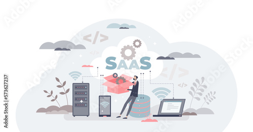 SAAS like software as service or on-demand for business tiny person concept, transparent background.Online digital app usage with website based technology for remote usage illustration.