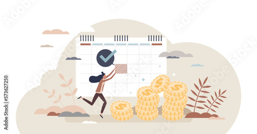 Salary and payment date for work as monthly payroll tiny person concept, transparent background. Financial wage paycheck time for employee performance illustration. Business earnings payout planning.
