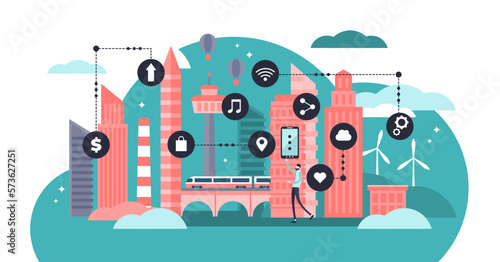 Smart city illustration, transparent background. Flat tiny urban city data collection persons concept. Mobile wireless communication with town water, transport and energy infrastructure.