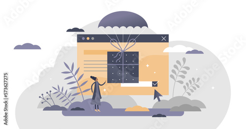 Subscription gift box content for e-commerce members tiny persons concept, transparent background. Marketing strategy method for membership accounts in internet web shops and stores illustration.