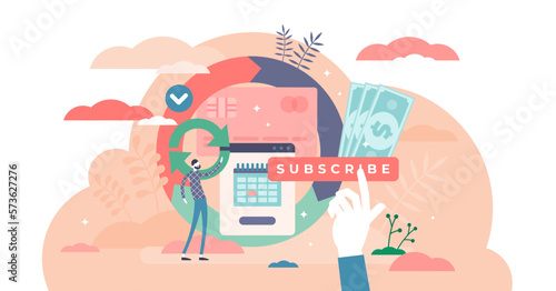 Subscription illustration, transparent background. Monthly order service or goods with automatic payment flat tiny person concept. Business model for premium applications, newsletters.