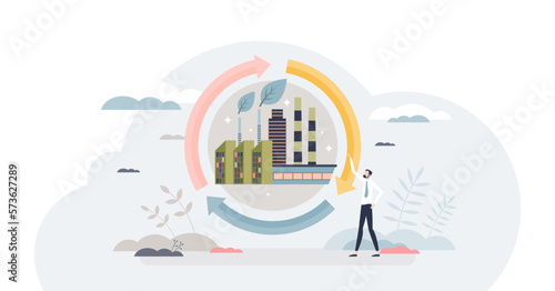 Sustainable production and ecological product manufacturing tiny person concept, transparent background. Environmental friendly recycling factory.