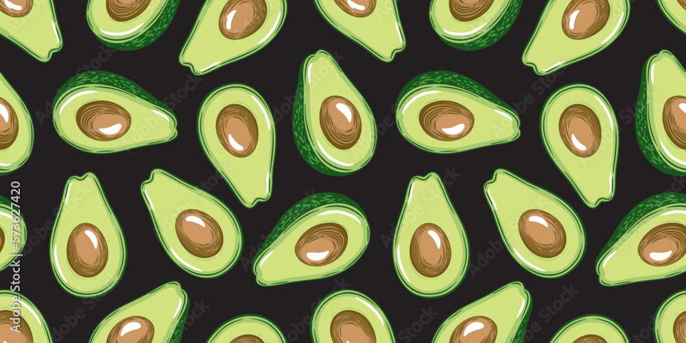Seamless pattern with avocado. Healthy vegan food. Vector hand drawn illustration for textile, food packaging and cosmetics.