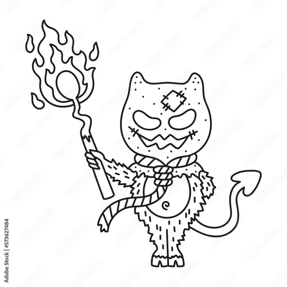 Obraz premium Naughty little devil with burning match. Cute halloween monster. Demon with tail. Funny coloring page. Cartoon vector illustration for kids and adults. Isolated on white. Black lines. Outlined drawing