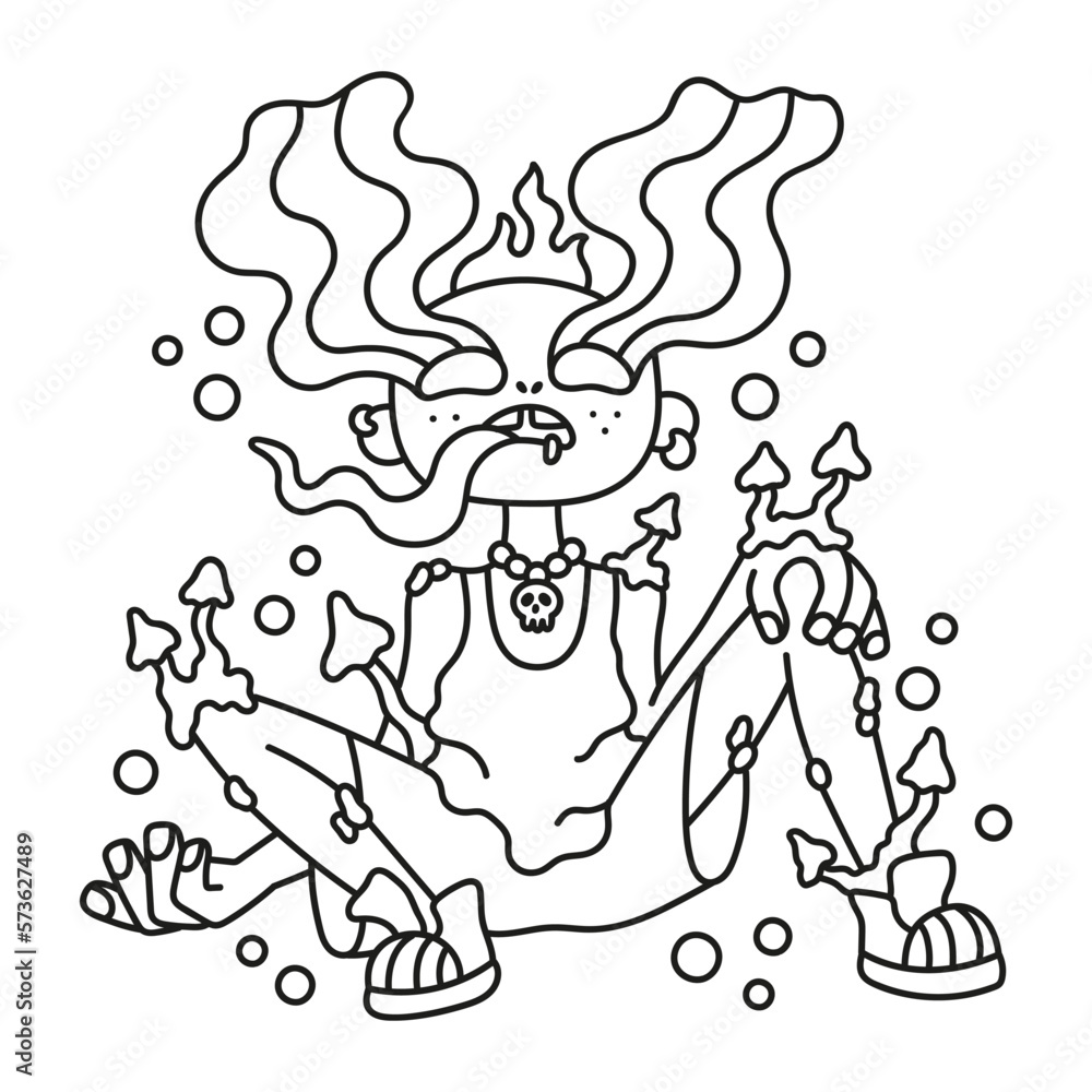 Young boy in trance. Drug addict. Unhealthy lifestyle. man covered with mushrooms. Funny cartoon vector illustration. Coloring page. Outlined hand drawn artwork. Black and white colors. Isolated