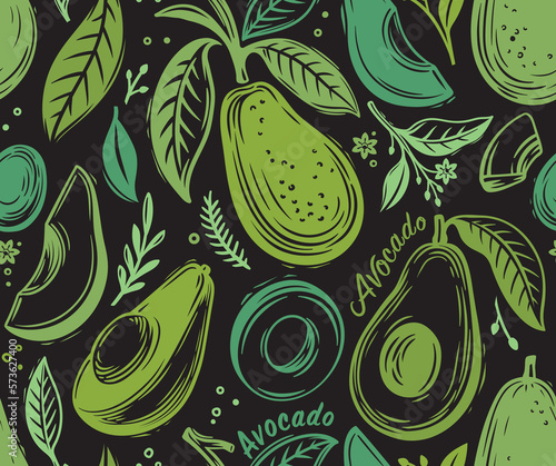 Seamless pattern with avocado. Healthy vegan food. Stamp printing. Hand drawn vector illustration in vintage style. Graphic fruits isolated on a background. Wood block print elements.