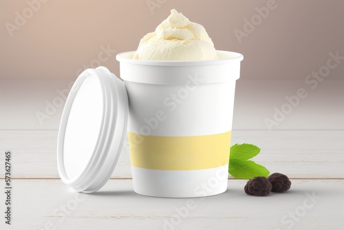 Soft ice cream or frozen yoghurt in white blank takeaway paper cup mockup, Generative AI