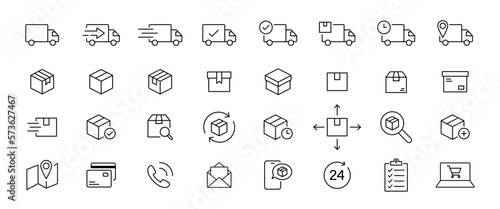 Delivery truck icon set. Shipping outline icon. Parcel transportation
