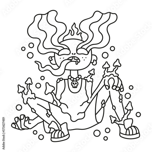 Young boy in trance. Drug addict. Unhealthy lifestyle. man covered with mushrooms. Funny cartoon vector illustration. Coloring page. Outlined hand drawn artwork. Black and white colors. Isolated