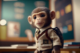 Portrait d'un bébé singe anthropomorphe habillé en écolier dans une salle de classe  » IA générative