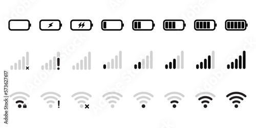 Battery signal and Wi-Fi icon symbol black and white icons pack. Mobile phone signal, wi-fi, battery icon. Status bar symbol modern, simple, vector, icon for website design, mobile app, ui. Vector