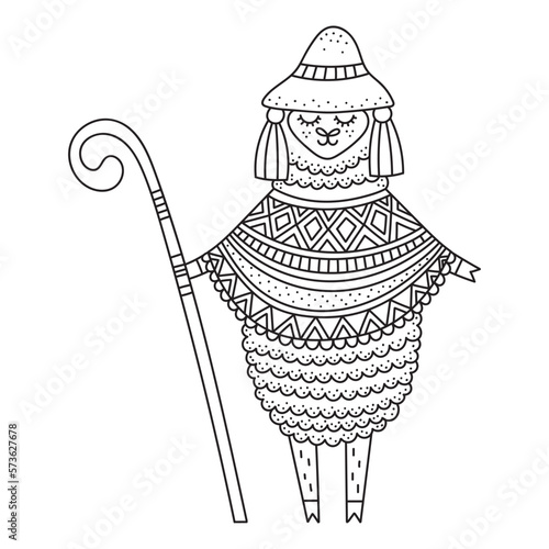 Funny peru llama. Farm animal wearing hat and ornate poncho. Cute alpaca shepard. Coloring page. Cartoon vector illustration for kids and adults. Outlined drawing. Black and white colors. Isolated