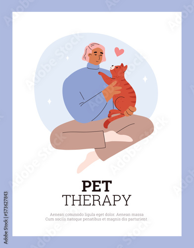 Pet therapy banner or card with woman petting a cat, flat vector illustration.