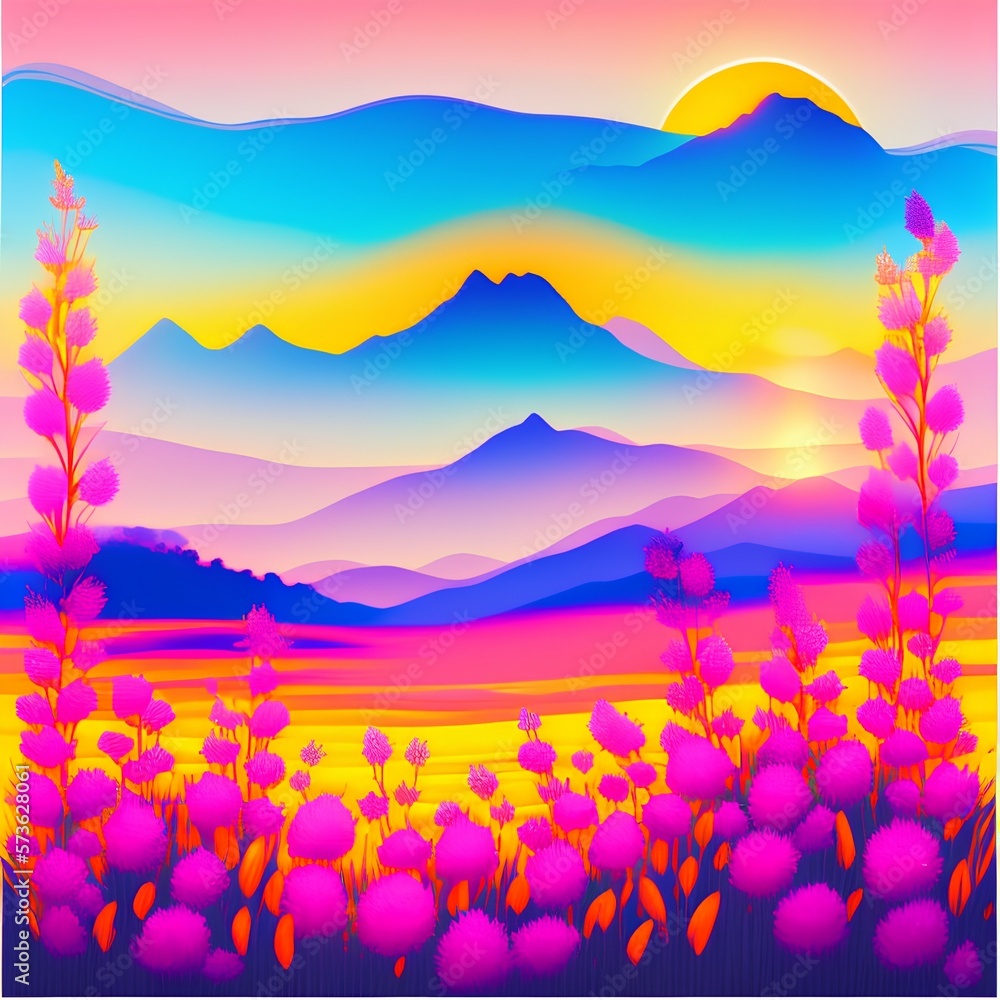 oil painting brush stroke, sun, blue gradient sky, soft pink hues in skyline,bokeh mountains neutral grey color, grass field in foreground with many flowers in coral yellow pink orange - generative ai