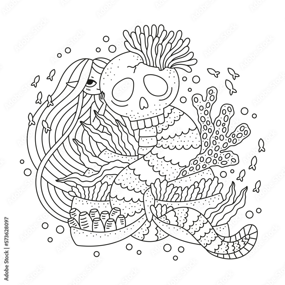 Little mermaid with big skeleton. Cute fish girl with giant skull. Underwater nature. Seaweed, coral. Coloring page for kids. Outlined draing. Black line. Cartoon vecror illustration