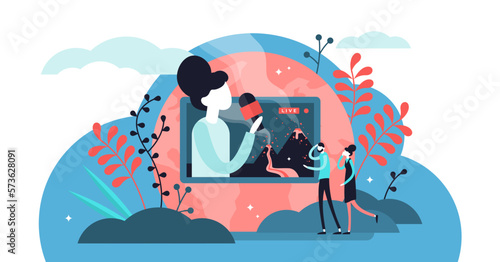 Live video illustration, transparent background. Flat tiny TV media stream persons concept. Online entertainment and news channel occupation and profession.