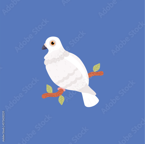 White pigeon sitting on branch with leaves flat style, vector illustration