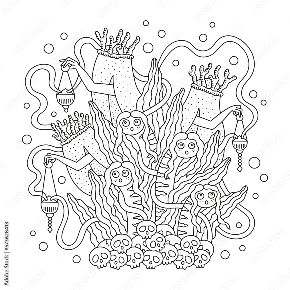Mysterious magic ritual. Underwater sea witches. Funny little mermaids. Dark fantasy creatures. Coloring page. Cartoon vector illustration. Outlined hand drawn artwork. Black lines. Isolated
