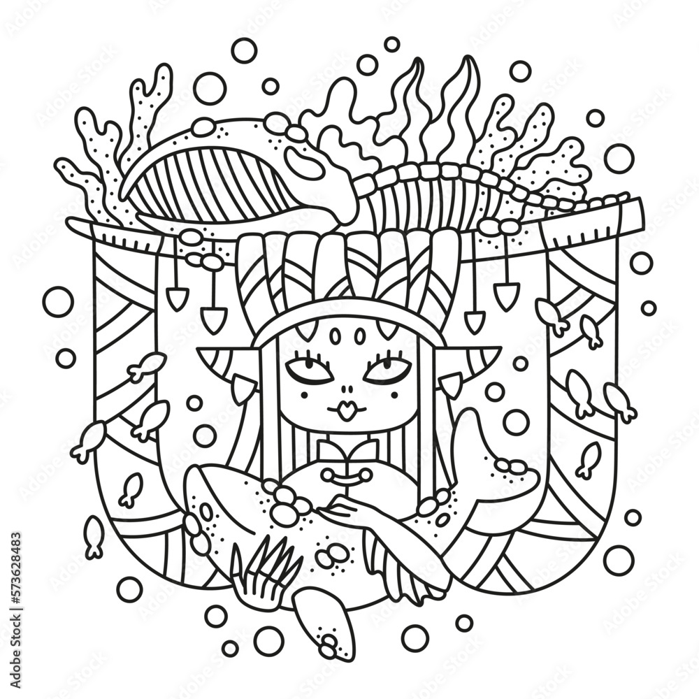 Gorgeous mermaid woman with big hat decorated with whale skeleton, seaweed, coral, textile. Pretty sea princess. Baby whale. Fantasy lady. Detailed coloring page. Cartoon vector illustration. Isolated