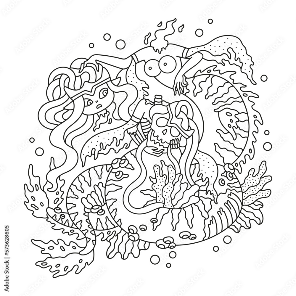 Cute ghost mermaid without head and her dead body. Scary underwater princess as spirit. Dark fantasy sea creature. Coloring page for adults. Cartoon vector illustration. Isolated on white. Outlined Cute ghost mermaid without head and her dead body. Scary underwater princess as spirit. Dark fantasy sea creature. Coloring page for adults. Cartoon vector illustration. Isolated on white. Outlined