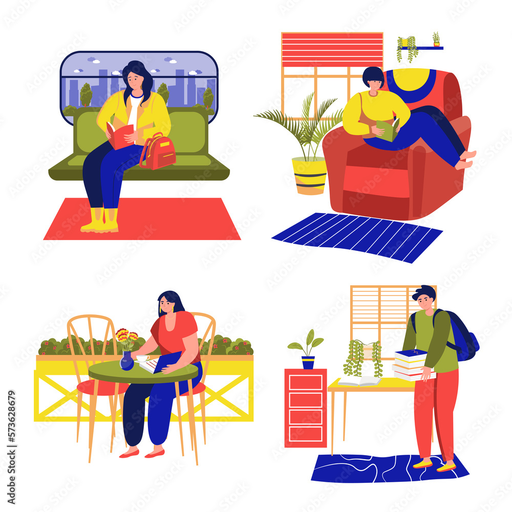 People lovers of literature with books set concept with people scene in the flat cartoon style. People read the books on the different place. People lovers of literature with books set concept with people scene in the flat cartoon style. People read the books on the different place.