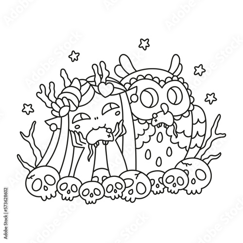 Two friends. Cute little mermaid girl and big owl. Animals having dinner. Funny fantasy characters. Fairy tale coloring page for kids. Cartoon vector illustration. Black and white colors. Isolated