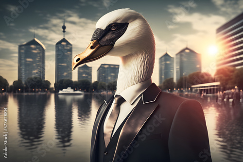 Fototapeta Naklejka Na Ścianę i Meble -  Portrait d'un cygne anthropomorphe businessman se baladant dans les rues de la ville » IA générative
