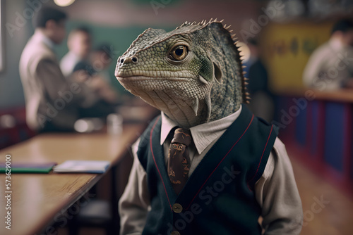 Portrait d'un caméléon anthropomorphe habillé en écolier dans une salle de classe » IA générative