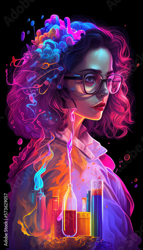 AI generated. Scientist woman working on a laboratory experiment. Girl student of chemical engineering and biotechnology surrounded by test tubes. Lady doing analysis.