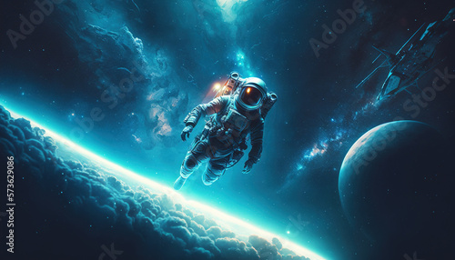 Astronaut Floating In Space, Blue Landscape, 4K © ArtSpree