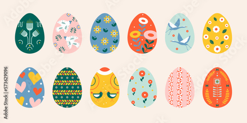 Easter eggs. Abstract cartoon pattern decoration spring holiday, cute decorative icons, happy Easter concept. Vector set