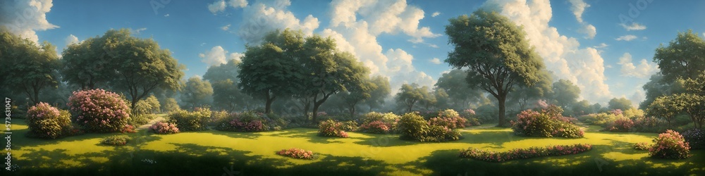 Fototapeta premium Illustration landscape of the countryside park in a beautiful tree forest, generative AI.