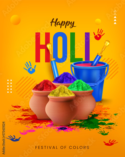 happy holi festival portrait banner design holi background with gulal, pickhari, color splash