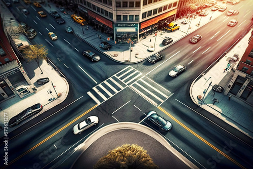 Foto city street intersection with cars driving over asphalt road, generative ai