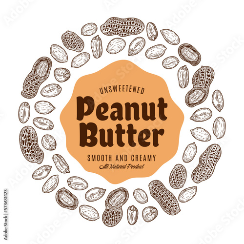 Peanut butter label, peanut seeds and shells hand-drawn vector icons
