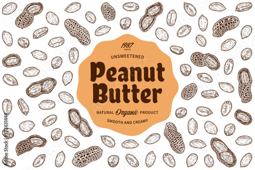 Peanut butter label, peanut seeds and shells hand-drawn vector icons