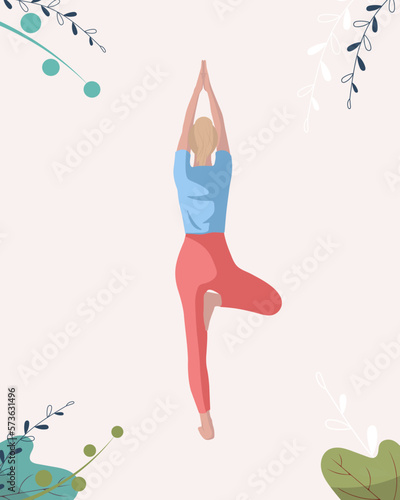 Blond girl doing yoga pilates gymnastics sport in blue and pink sport form in faceless style on pale yellow background with blue green big leaves and flowers in the corners