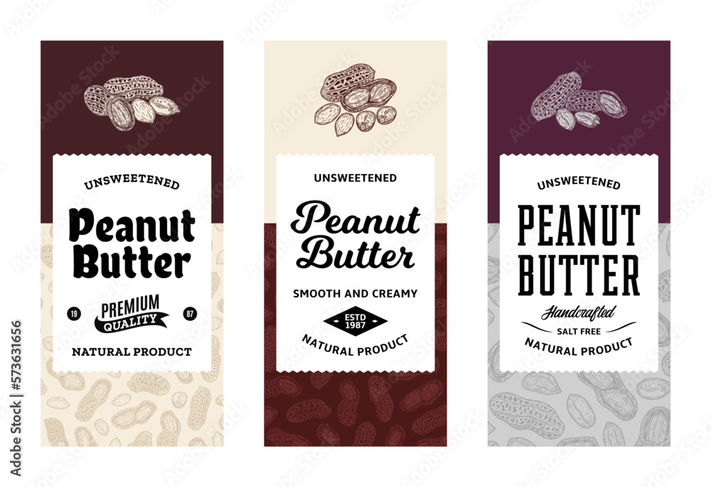 Peanut butter labels in modern style. Vector peanut illustrations and patterns